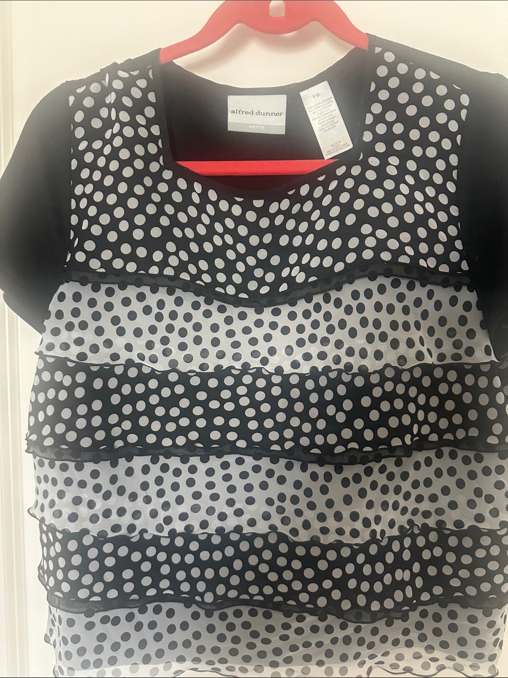 Alfred Dunner Black and White Polka Dot Ruffle Layered Blouse